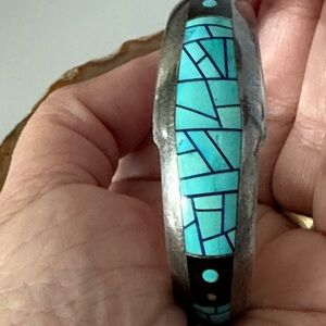 Navajo silver turquoise stone inlay cuff bracelet signed Jim Harrison